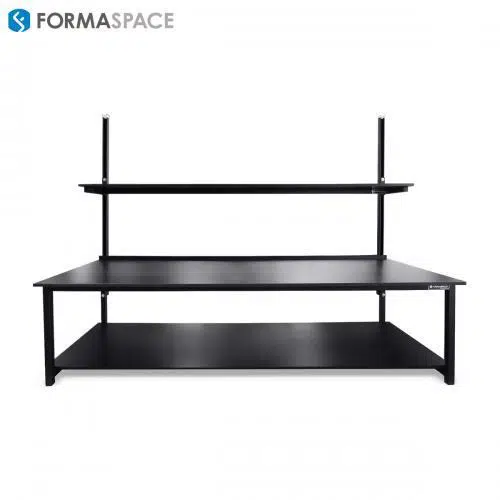 large phenolic resin workbench with upper shelves