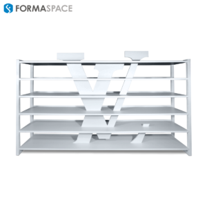 custom white laminate shelving unit with logo