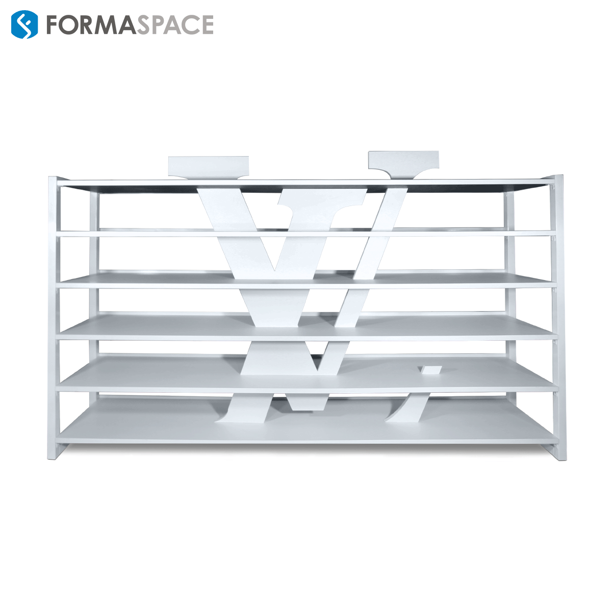 custom white laminate shelving unit with logo