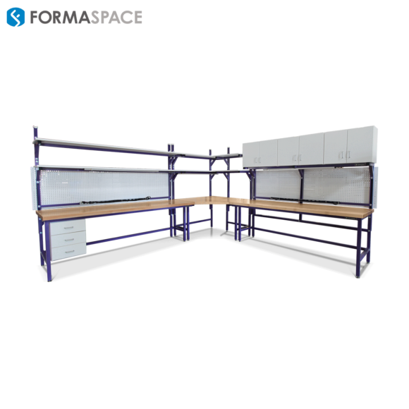 custom purple corner workbench with shelves