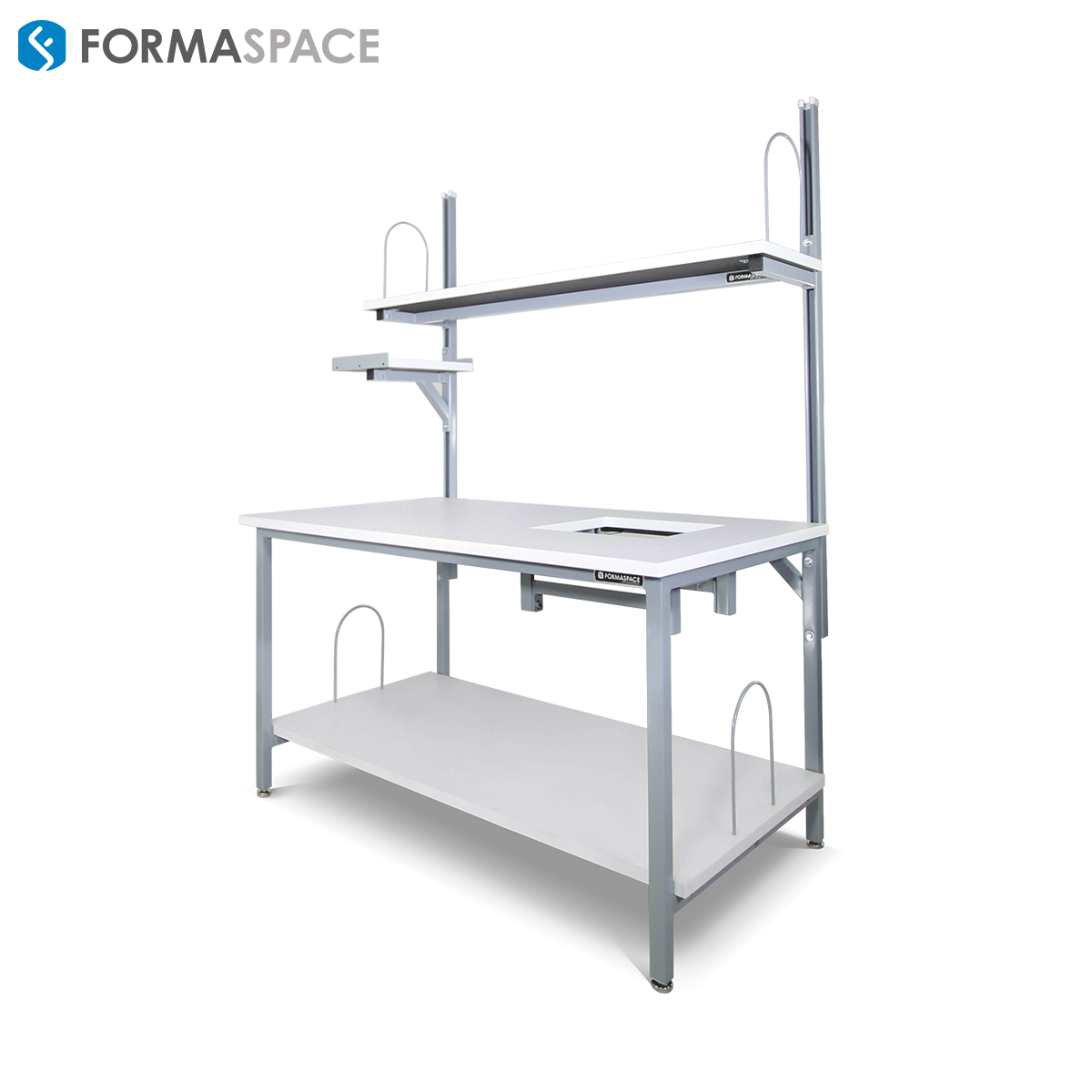 white industrial workbench with scale cut out