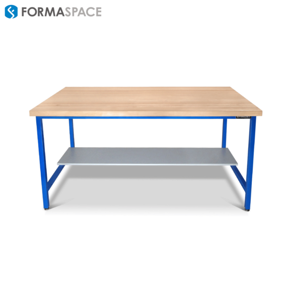 Workbench with a Maple Worksurface and Blue Powder-Coated Steel Frame