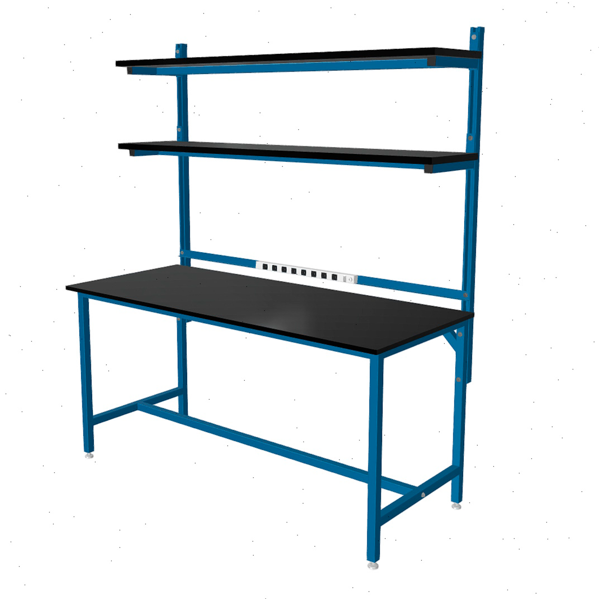 Formaspace Benchmarx 72”x30”x36” Workstation in Traffic Blue Finish With Two Tier Upper Shelving, 8 Integrated Outlets & Black Phenolic Resin Top - Image 2