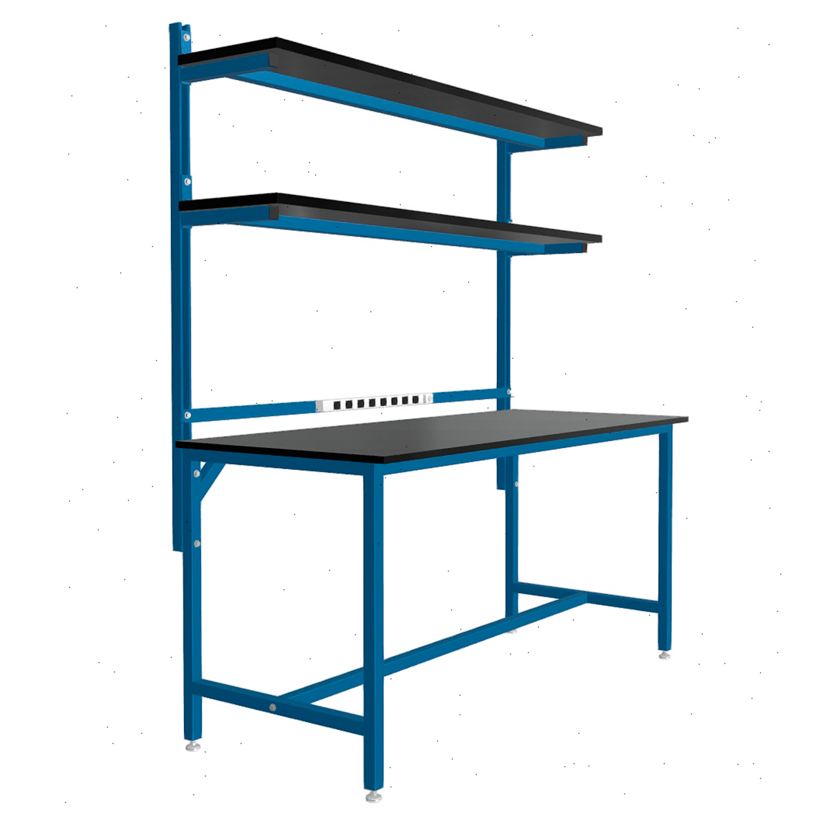 Formaspace Benchmarx 72”x30”x36” Workstation in Traffic Blue Finish With Two Tier Upper Shelving, 8 Integrated Outlets & Black Phenolic Resin Top - Image 3