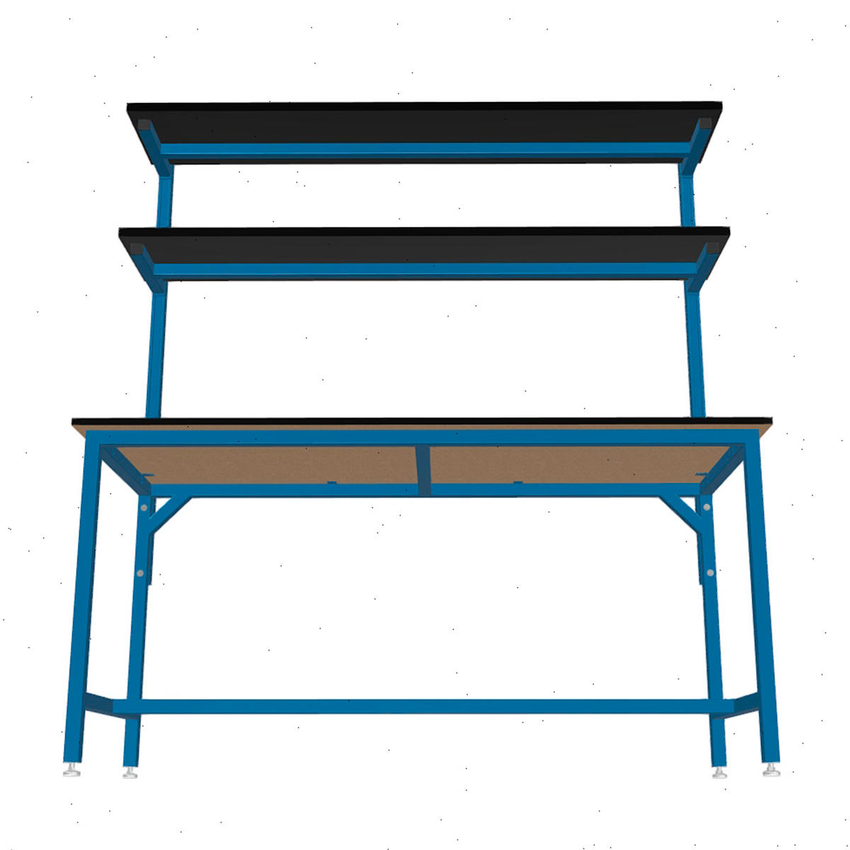 Formaspace Benchmarx 72”x30”x36” Workstation in Traffic Blue Finish With Two Tier Upper Shelving, 8 Integrated Outlets & Black Phenolic Resin Top - Image 4