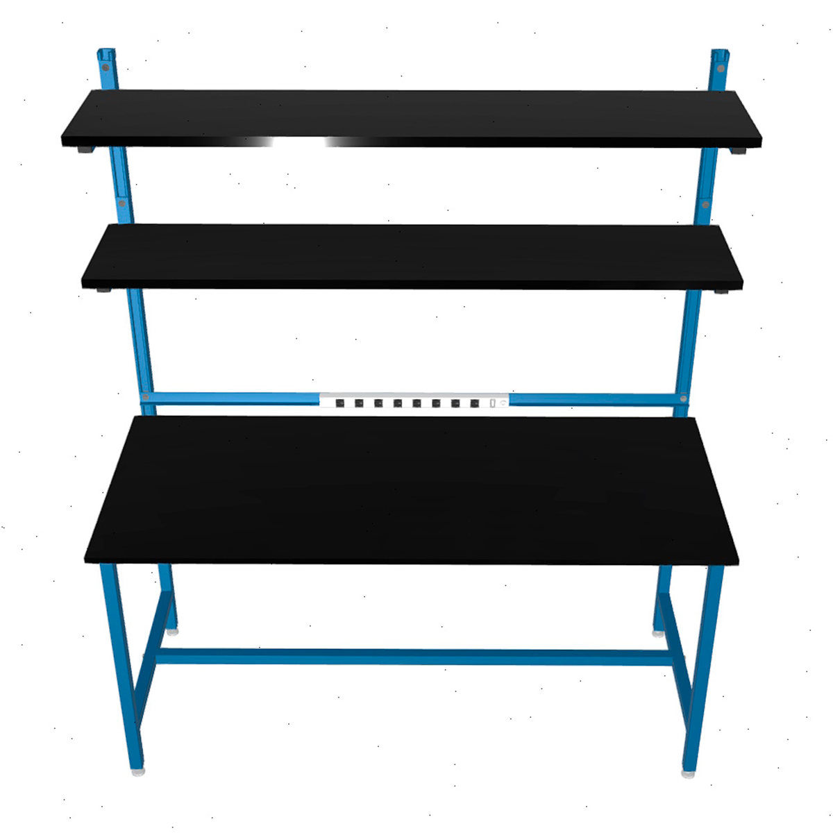 Formaspace Benchmarx 72”x30”x36” Workstation in Traffic Blue Finish With Two Tier Upper Shelving, 8 Integrated Outlets & Black Phenolic Resin Top - Image 5