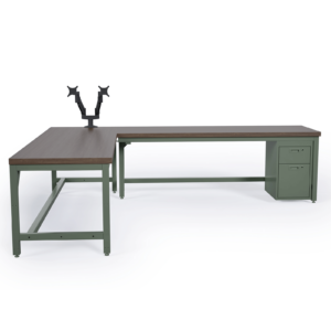 L-Shaped Hydraulic Workbench with Dual Monitor Mount L-Shaped Hydraulic Workbench with Dual Monitor Mount