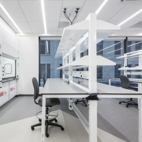 Life Sciences Lab bench with sliding shelves within cabinet