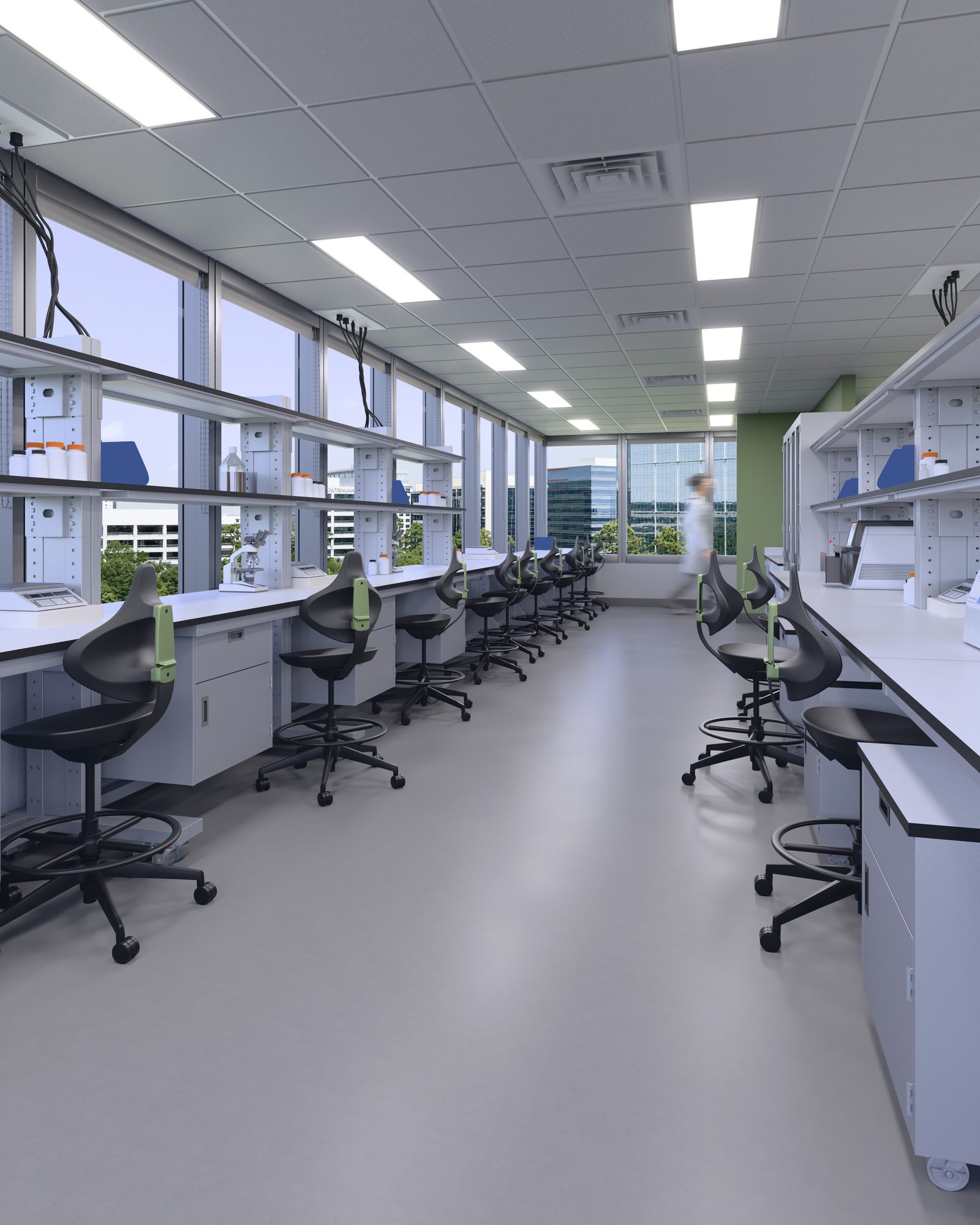 Laboratory with Formaspace benches and shelving along the windows and Cramer Helix technical seating