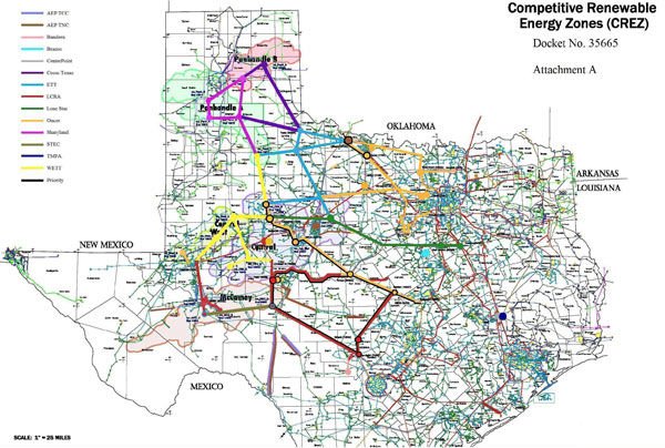 Map submitted to ERCOT showing the different routes for new transmission lines, known as Competitive Renewable Energy Zones (CREZ). The Lone Star Transmission line, which opened in March, is shown in green. Map submitted to ERCOT showing the different routes for new transmission lines, known as Competitive Renewable Energy Zones (CREZ). The Lone Star Transmission line, which opened in March, is shown in green.