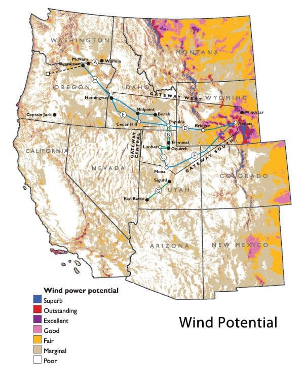 Data from the National Renewable Energy Laboratory highlights areas with the greatest wind power potential. Image courtesy PacifiCorp. Data from the National Renewable Energy Laboratory highlights areas with the greatest wind power potential. Image courtesy PacifiCorp.