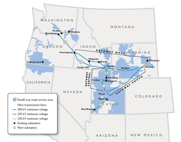 PacifiCorp's massive EnergyGateway Project, now partially completed, connects renewable energy resources in rural areas with the existing electrical grid. Shown are the Gateway West, Gateway Central and Gateway South. Image courtesy PacifiCorp. PacifiCorp's massive EnergyGateway Project, now partially completed, connects renewable energy resources in rural areas with the existing electrical grid. Shown are the Gateway West, Gateway Central and Gateway South. Image courtesy PacifiCorp.