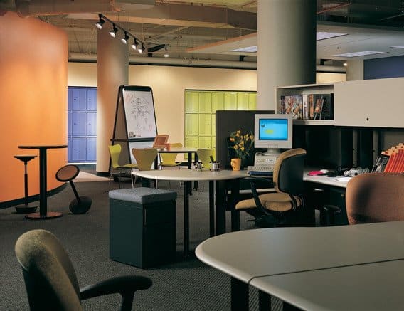 Collaboration circa 1996 at Autodesk/Kinetix building in San Francisco at the beginning of the dot-com boom. Note blue and green lockers built into far wall for teleworkers coming into the office, and the "rocker" bar stools which encourage impromptu meetings-- just don't linger too long. Architect HOK, interiors Millican/Jones. Collaboration circa 1996 at Autodesk/Kinetix building in San Francisco at the beginning of the dot-com boom. Note blue and green lockers built into far wall for teleworkers coming into the office, and the "rocker" bar stools which encourage impromptu meetings-- just don't linger too long. Architect HOK, interiors Millican/Jones.